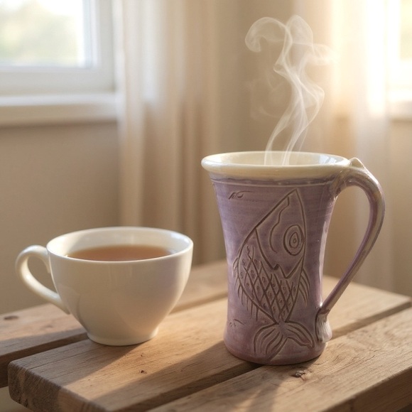 Handmade Purple Pottery Mug with Fish Carving Unique – Signed – 6” Tall 20oz - Picture 2 of 12